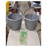 Two Grey Cleaning Buckets W/Green Sprayer