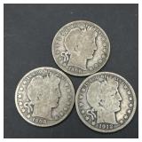 (3) U.S. Barber Half Dollars 1906D1908O1912