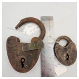 Pair of antique iron padlocks no keys
