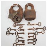 Antique metal padlocks and misc skeleton keys