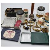 Vintage miscellaneous items, sewing kit, brass