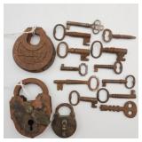 Vintage rusted iron padlocks and skeleton keys