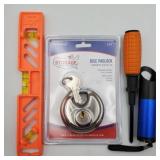 Disc padlock, level, screwdriver, & flashlight