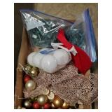 Box of Christmas decorations and lights