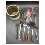 Large Lot Of Kitchen Utensils w/ Stoneware Crock