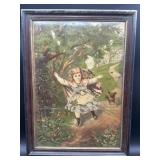 Antique Victorian Child Print w/ Dog ï¿½ Framed