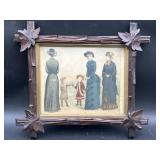 Antique Victorian Fashion Print in Carved Wood
