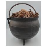 Vintage heavy cast iron cauldron w/ pine cones