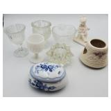 Assorted glass votive holders, trinket box, misc