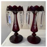 Pair of Ruby Red Victorian Glass Mantle Lusters