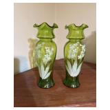 Pair of Hand Blown Green Glass Vases