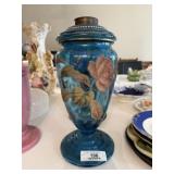 Antique French Enameled Blue Glass Oil Lamp
