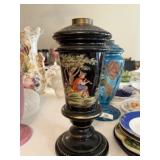 Antique Hand Painted Glass 2 Piece Oil Lamp