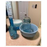 Blue Ball Jar, Blue Bottle & 2 Blue Bowls