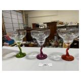 3 Hand Blown Crooked Stem Margarita Glasses