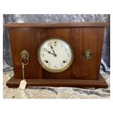Vintage Wood Mantel Clock w/ Lion-Head Hardware
