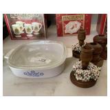 Wooden Candleholders & Corning Ware Dish