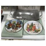 Ornate Aluminum Tray & Collectors Plates