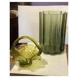 Green Fostoria Vase & Glass Basket
