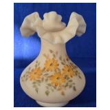Fenton Hand Painted Satin Custard Ruffled Vase