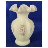 Fenton Hand Painted Satin Custard Ruffled Vase