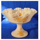 Fenton Hand Painted Satin Custard Ruffled Compote