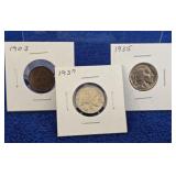 2- 1930s Buffalo Nickels & 1903 Native Penny