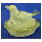 Green Slag Glass Robin on Nest