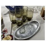 Ornate Aluminum Tray & Vintage Glasses