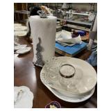 Vintage Metal Paper Towel Holder & Dishes