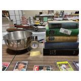 Vintage Books, Clock & Stainless Steel Micing Bowl