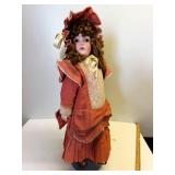 30' Bisque Head Doll Rust Silk Dress & Bonnet