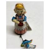 Vintage Tin Wind-Up Girl Pulling Ducks Toy