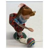Vintage Tin Wind-Up Girl Toy w/ Ball