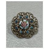 1940's Filigree Porcelain Rose & Rhinestone Brooch