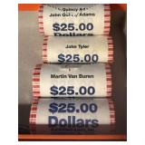 Four $25 Rolls of Presidential Dollars