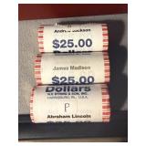Three $25 Rolls of Presidential Dollars