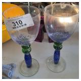 2 Nouveau Blue & Green Martini Glasses