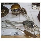 Ornate Silver Salad Tongs & Cup