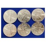 Six 2016 UNC ASE Silver Dollars