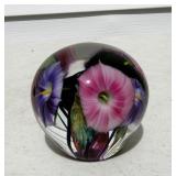 Artist Signed & Dated Floral Art Glass Paperweight