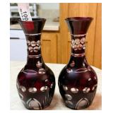 Pair of Ruby Red Cut to Clear Vases