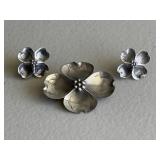 Vintage Silver Flower Brooch & Earring Set
