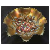 Northwood Green Carnival Glass Strawberry Bowl