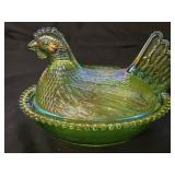 Vintage Indiana Glass Iridescent Lime Hen on Nest