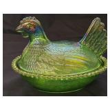 Vintage Indiana Glass Iridescent Lime Hen on Nest