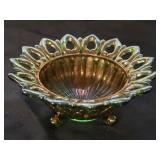 Northwood Green Carnival Glass Footed Candy Dish