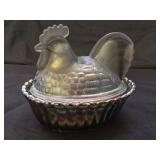 Titanium Smoke Carnival Glass Rooster on Nest