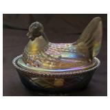 Titanium Smoke Carnival Glass Hen on Nest