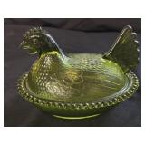 Indiana Glass Olive Green Slotted Bead Hen on Nest
